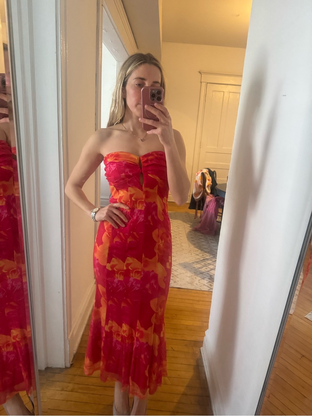 Lulu's Strapless Floral Midi Dress in Hot Pink and Orange